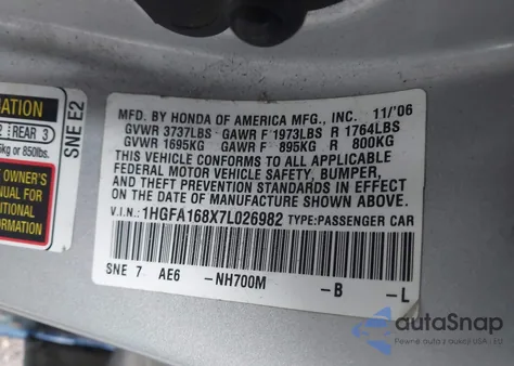 2007 Honda Civic Ex from USA, damaged, VIN 1HGFA168X7L026982